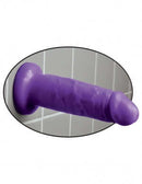 Dillio 6-Inch Chub Dildo in purple with suction cup base affixed to tiled surface