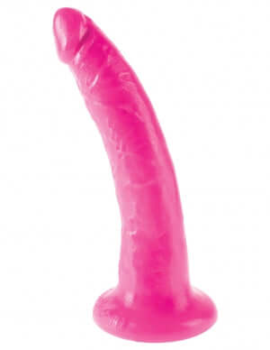 Dillio 7" Slim Dildo Pink with suction cup base for strap-on compatibility and wall adhesion for versatile use