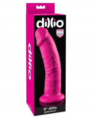 Dillio 9 inches pink dildo packaging with suction cup base and strap-on compatibility for versatile pleasure and adventurous use.