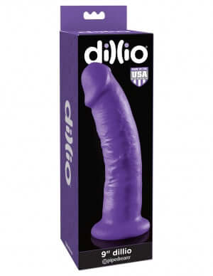 Purple 9 inch Dillio dildo with suction cup base in packaging by Pipedream