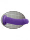 Dillio 9 inch purple dildo with suction cup base attached to wall, ideal for strap on harness compatibility and diverse play options.