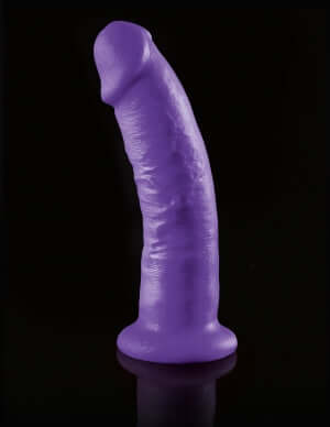 Purple Dillio 9 inch dildo with suction cup base against a black background
