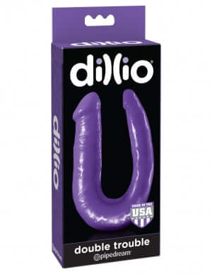 Dillio Double Trouble Dildo purple in packaging, 100% phthalate-free, American made rubber by Pipedream.