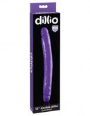 Dillio 12 inches Double Dong Purple in packaging, phthalate and latex free, made from high-quality American rubber, by Pipedream.