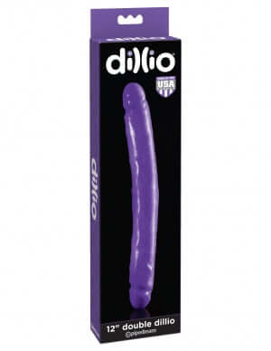 Dillio 12 inches Double Dong Purple in packaging, phthalate and latex free, made from high-quality American rubber, by Pipedream.