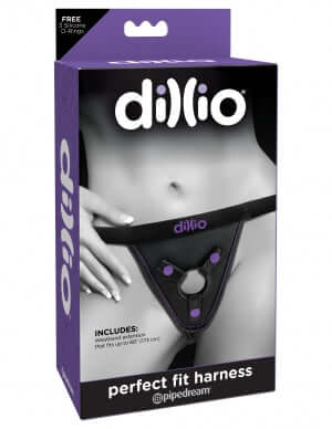 Dillio Perfect Fit Harness Purple packaging showing adjustable strap-on harness for maximum comfort and versatility.