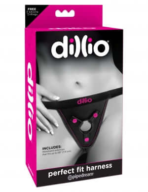 Dillio Perfect Fit Harness Black, soft nylon and Luv Touch strap on harness for maximum comfort and adjustable fit, packaging image.