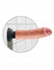 King Cock 8" beige vibrating dildo with suction cup on tiled wall for hands-free use
