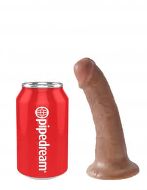 King Cock 6-inch Tan Dildo next to a red Pipedream soda can for size comparison.