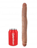 King Cock 12 inches slim double dildo in tan color next to a red can for size comparison