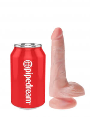 Lifelike King Cock 6-inch dildo with balls in beige next to a can for size comparison, featuring detailed veins and strong suction cup base
