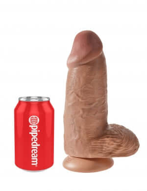 King Cock Chubby 9 inches dildo with realistic veins and lifelike head next to a red Pipedream can for size comparison.