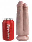 King Cock 7-Inch Two Cocks One Hole Double Dildo in beige next to a Pipedream can for size comparison.