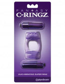 Fantasy C-Ringz Duo Vibrating Super Ring Purple in packaging with two bullet vibrators for erection support and amazing vibrations