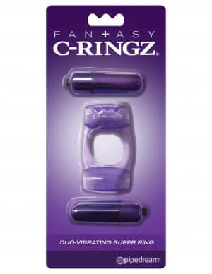 Fantasy C-Ringz Duo Vibrating Super Ring Purple in packaging with two bullet vibrators for erection support and amazing vibrations