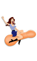 Cartoon woman riding Captain Pecker inflatable bachelorette party favor, creating a fun and playful atmosphere.