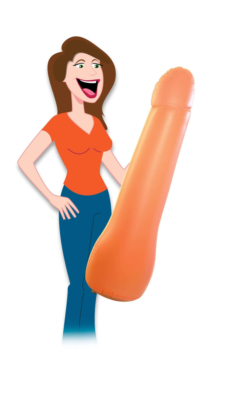 Cartoon woman with inflatable Captain Pecker, ultimate bachelorette party favor standing 6 feet tall for fun and laughter.