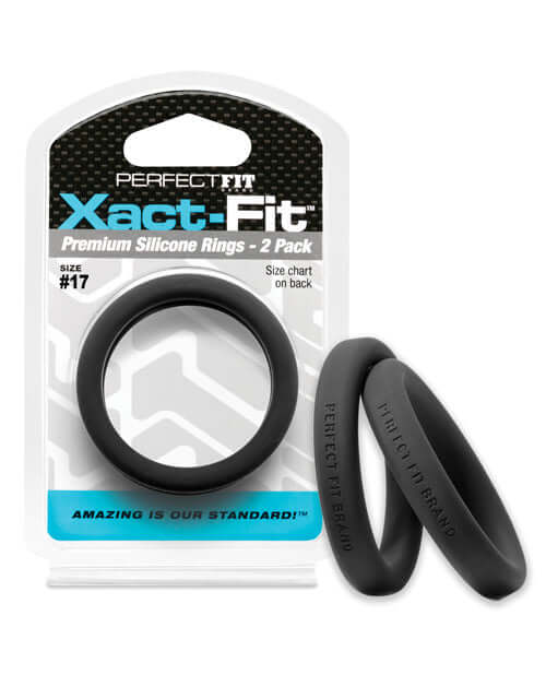 Perfect Fit Xact Fit #17 Cock Rings - 2 Pack Black, Precision Sizing Silicone Rings in packaging