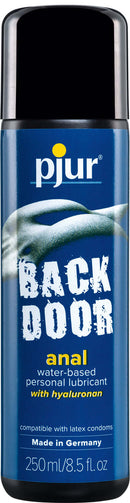 Pjur Backdoor Anal Water-Based Lubricant 250 ml/8.5 fl.oz. Made in Germany, contains hyaluronan, compatible with latex condoms only.