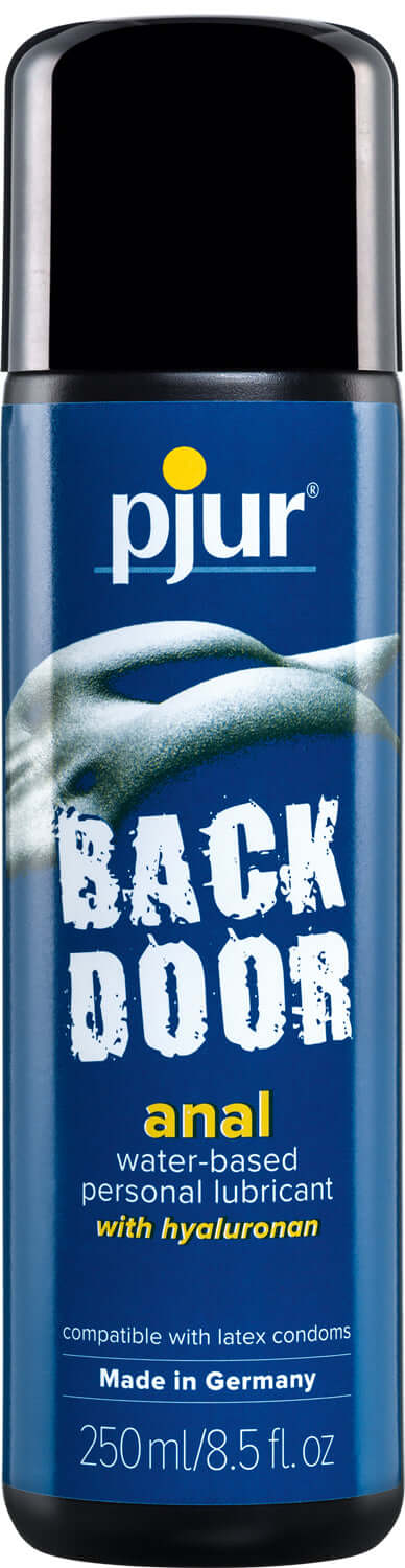 Pjur Backdoor Anal Water-Based Lubricant 250 ml/8.5 fl.oz. Made in Germany, contains hyaluronan, compatible with latex condoms only.