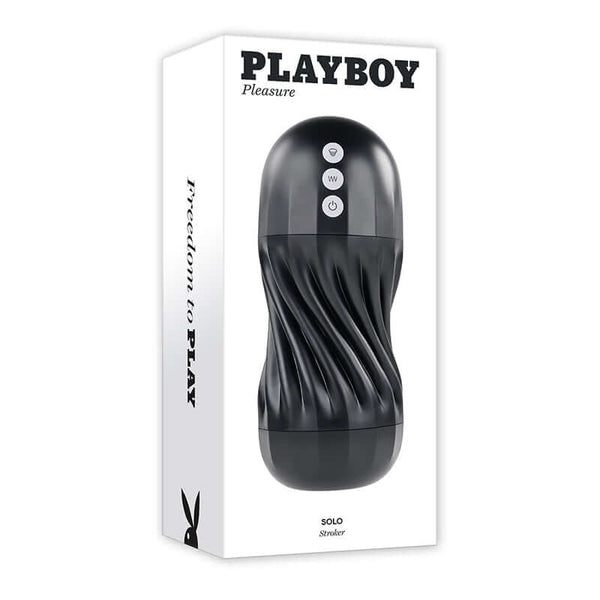 Playboy Solo Stroker packaging showcasing textured design and control buttons for customizable solo pleasure experiences.