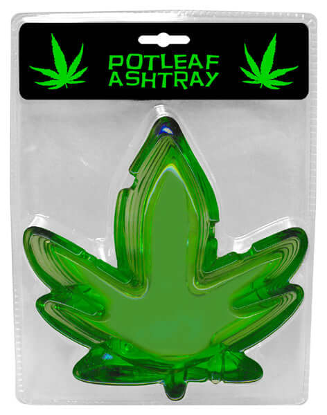 Green pot leaf-shaped ashtray in packaging for novelty adult gatherings.