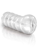 Pipedream Extreme Toyz Clear-Leader Snatch handheld see-through stroker featuring a textured clear shaft and realistic entry design.