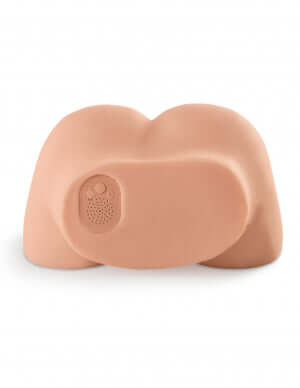 Pipedream Extreme Toyz Dirty Talk Interactive Fuck Me Silly Super Stroker in Beige laying flat, featuring Fanta Flesh material.