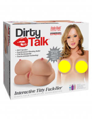 Pipedream Extreme Toyz Dirty Talk Interactive Titty Fuck Her Stroker in packaging with image of product features and model.