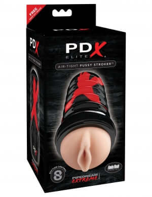 PDX Elite Air Tight Pussy Stroker packaging with sturdy ribbed exterior and realistic Fanta Flesh interior for the ultimate masturbation experience