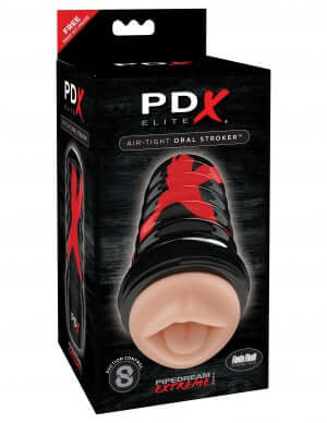 PDX Elite Air Tight Oral Stroker in black and red packaging featuring lifelike Fanta Flesh interior and ribbed grip for enhanced suction.