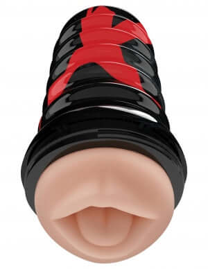 PDX Elite Air Tight Oral Stroker with ribbed exterior case and lifelike Fanta Flesh interior for powerful suction and oral pleasure.