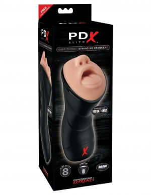 Box of Deep Throat Vibrating Stroker showing lifelike open mouth and black exterior for realistic oral sex experience.