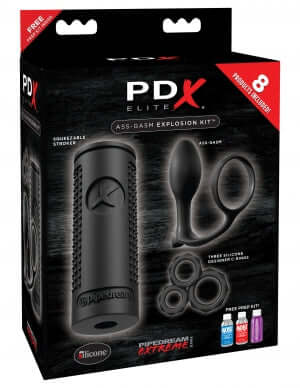 PDX Elite Ass-Gasm Explosion Kit with EZ Grip Stroker, massaging ribs and bumps for enhanced pleasure, includes silicone Ass Gasm cock ring.