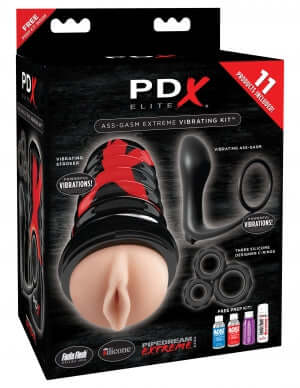 PDX Elite Ass-Gasm Vibrating Kit packaging with multiple components and features displayed