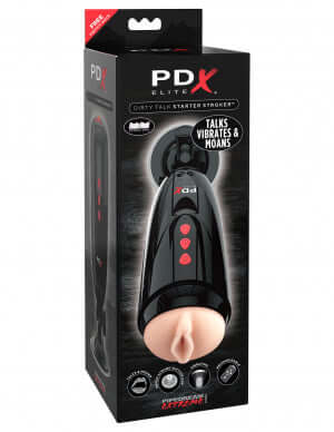 PDX Elite Dirty Talk Starter Stroker package displaying the product and its features like vibration, moans, and lifelike Fanta Flesh interior.