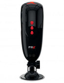 PDX Elite Dirty Talk Starter Stroker with black exterior and red buttons on suction base.