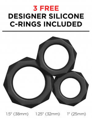 Free designer silicone C-rings included with sizes 1.5", 1.25", and 1"
