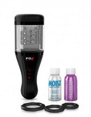 PDX ELITE Talk Dirty Rotobator Masturbation Device with accessories including lubricant bottles and cleaning solution.