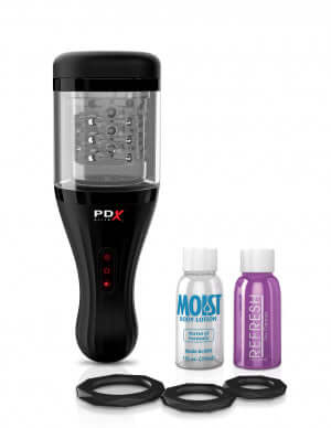 PDX ELITE Talk Dirty Rotobator Masturbation Device with accessories including lubricant bottles and cleaning solution.