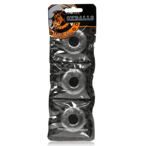 Ringer 3-Pack Cock Ring Set packaged in black and orange branding from Oxballs USA, offering comfort and enhanced intimate experiences