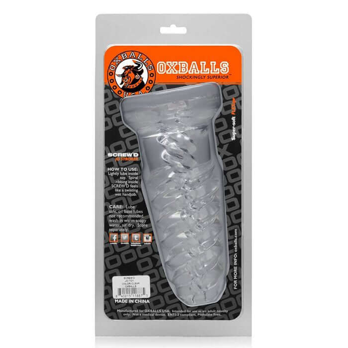Screw’d Spiral Joy Toy Clear from Oxballs in packaging, featuring hollow spiral shaped core and textured grip for enhanced pleasure.