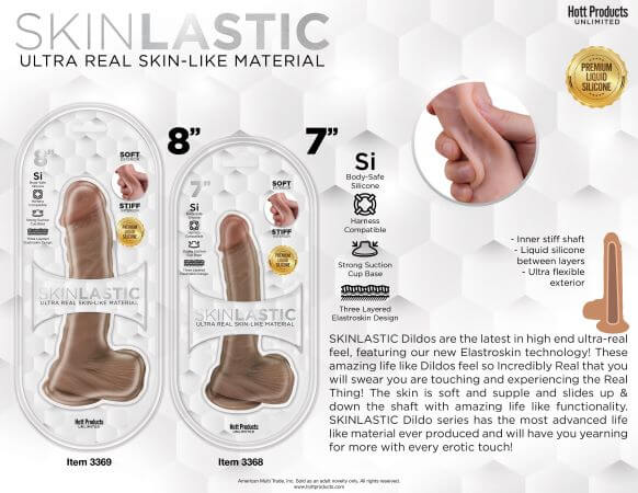 Skinsations Skinlastic 8-Inch and 7-Inch Dildos with Suction Base in Packaging, Highlighting Realistic Texture and Premium Silicone.