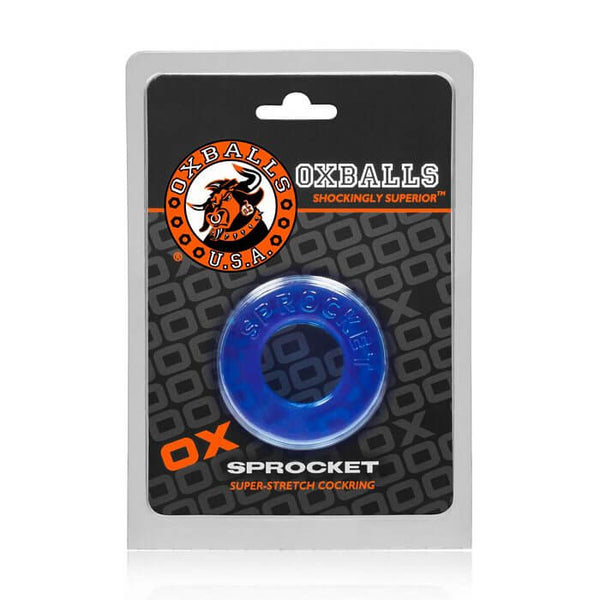 Sprocket Cock Ring in packaging, designed for ultimate pleasure and comfort, featuring a super stretchy and snug fit.