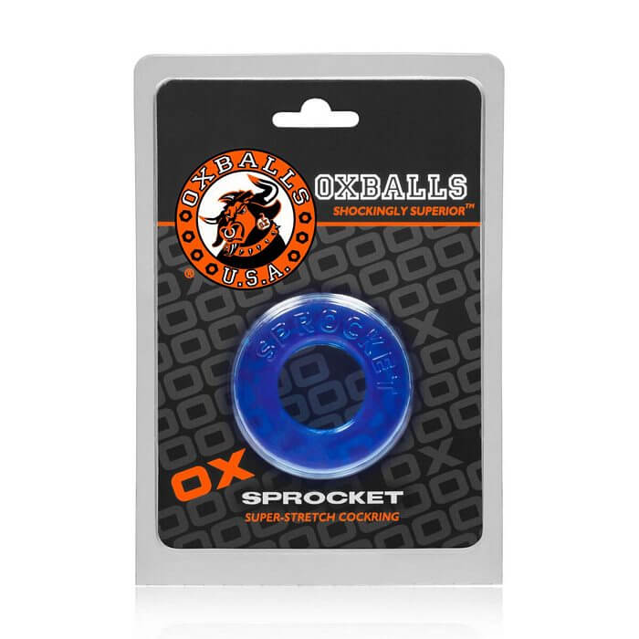 Sprocket Cock Ring in packaging, designed for ultimate pleasure and comfort, featuring a super stretchy and snug fit.