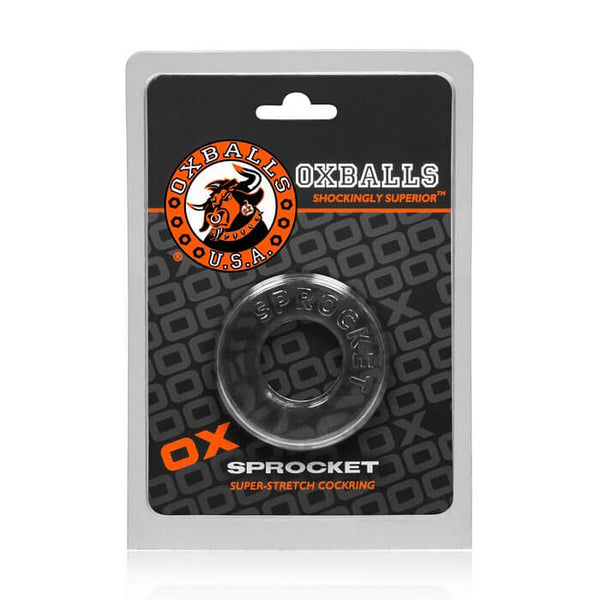 Oxballs Sprocket cock ring packaging, highlighting the flexible and comfortable design for enhanced pleasure.