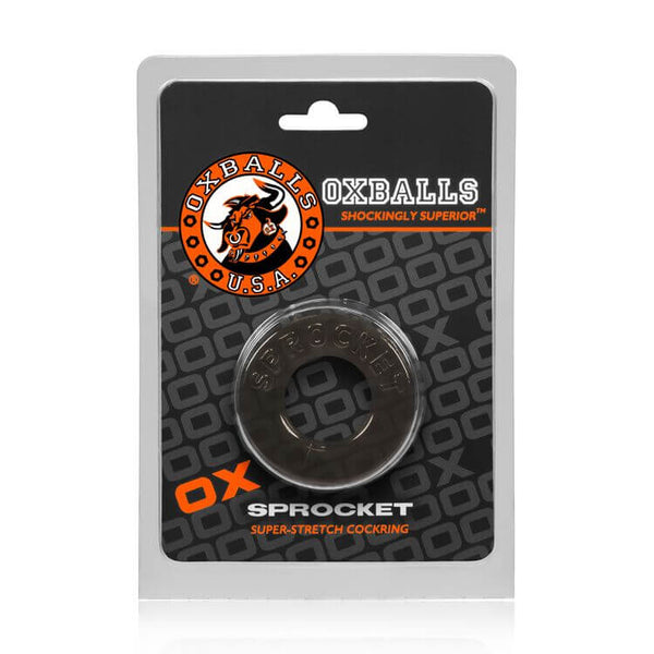 Oxballs Atomic Jock Sprocket Super Stretchy Cock Ring Smoke packaging showing the product's brand and features.