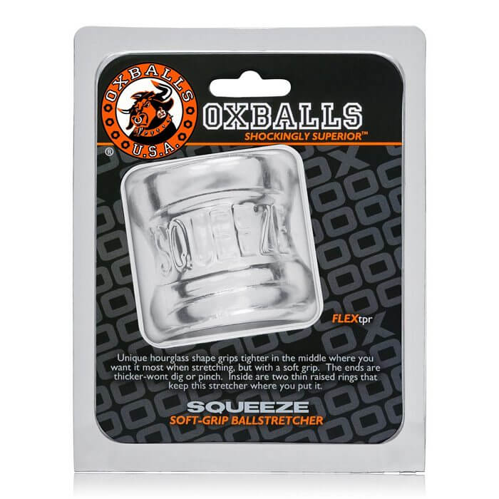 Oxballs Squeeze Ball Stretcher in retail packaging for enhanced sensations and serious stretching with soft-grip comfort.