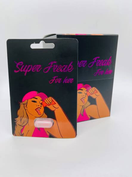 Super Freak For Her herbal supplement packaging with capsule, designed for women's vitality and stamina support.