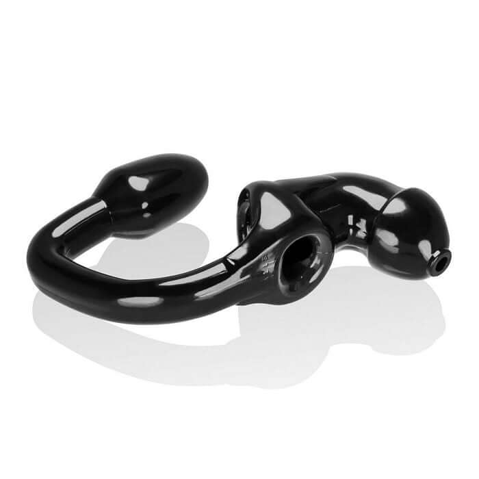 Black Tailpipe Cock and Ass Lock with ergonomic butt plug and cock cage, designed for comfort and firm chastity, made from Flex-TPR.